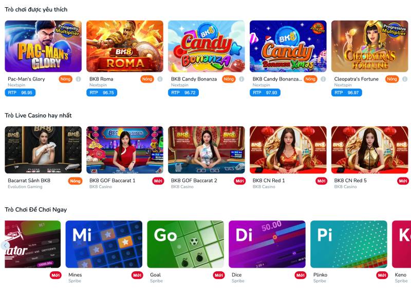 Kho trò chơi tại BK8 đa dạng và ưu tiên chất lượng